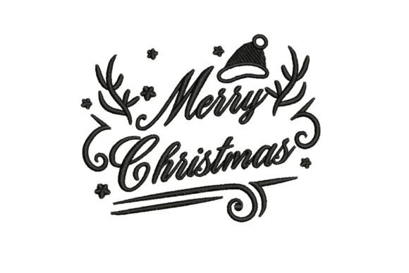 Merry Christmas Calligraphy with Santa Hat and Antlers Embroidery Design